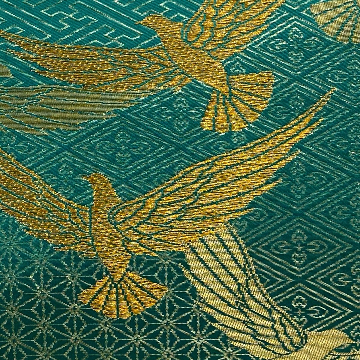 美品】 袋帯 秀品 斉藤三才 落款 鳥 有職文様 金糸 箔さ 緑 全通 正絹