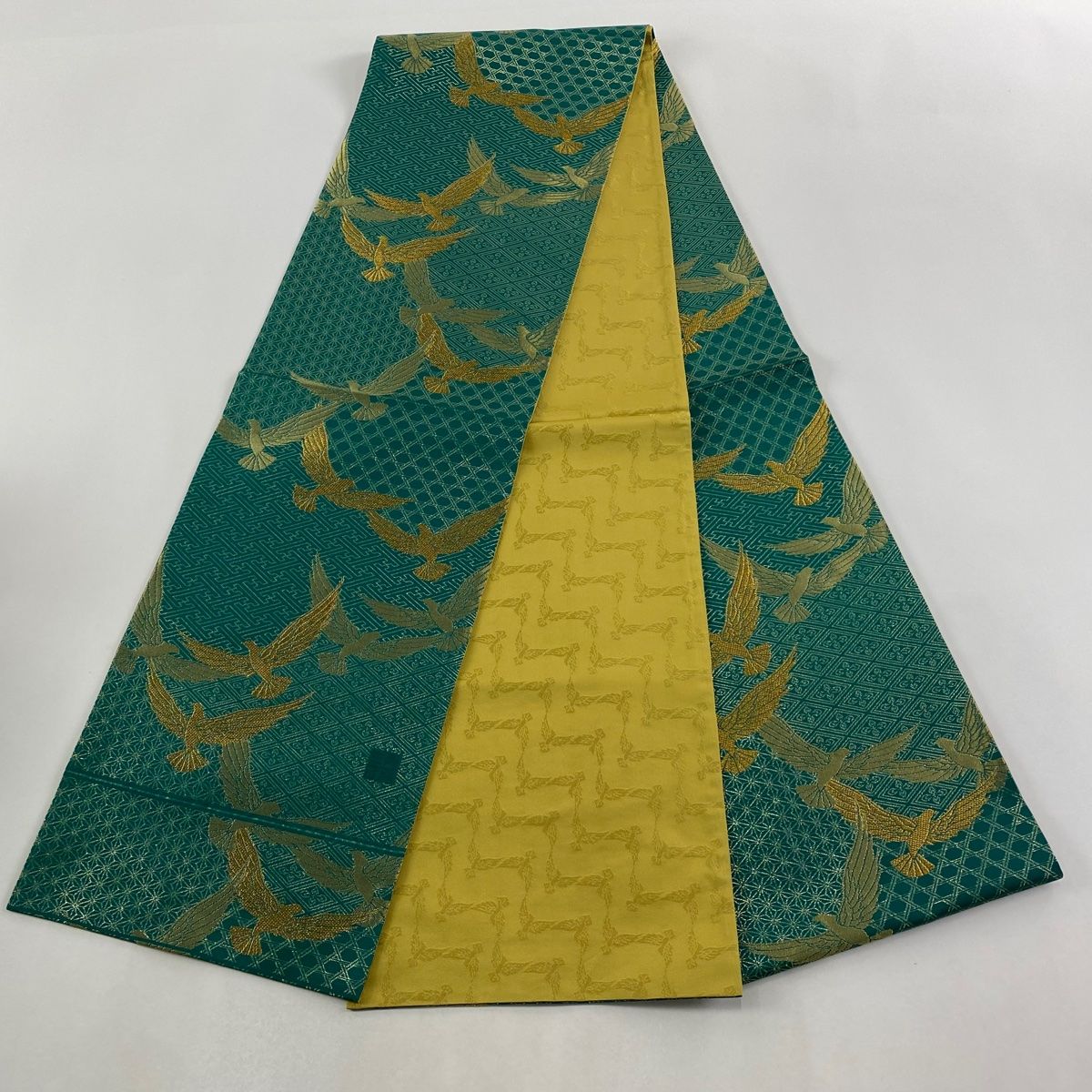 アンティーク　袋帯　鳩 美品】 袋帯 秀品 斉藤三才 落款 鳥 有職文様 金糸 箔さ 緑 全通 正絹