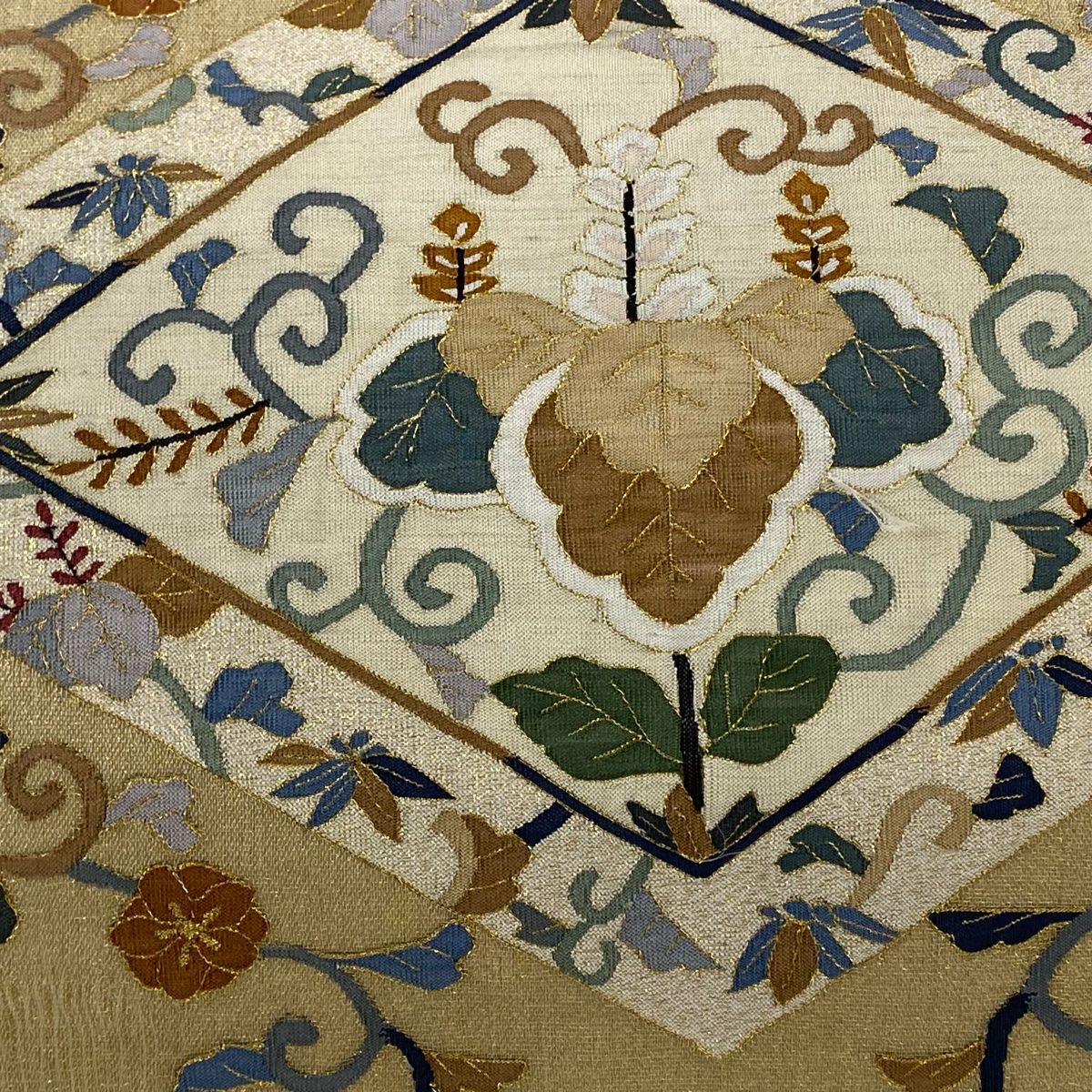 袋帯 秀品 夏帯 菱 花唐草 金糸 金色 お太鼓柄 正絹