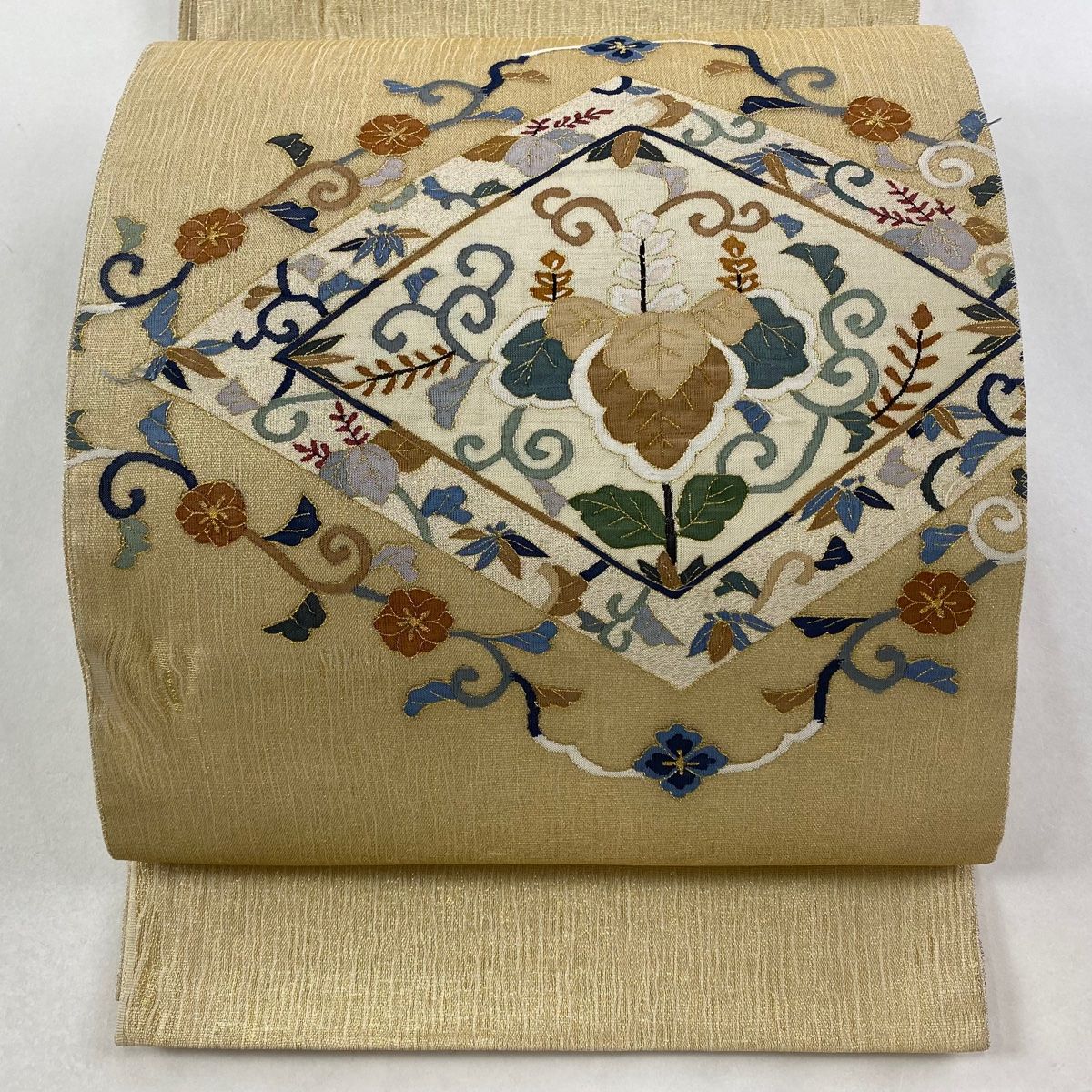 袋帯 秀品 夏帯 菱 花唐草 金糸 金色 お太鼓柄 正絹