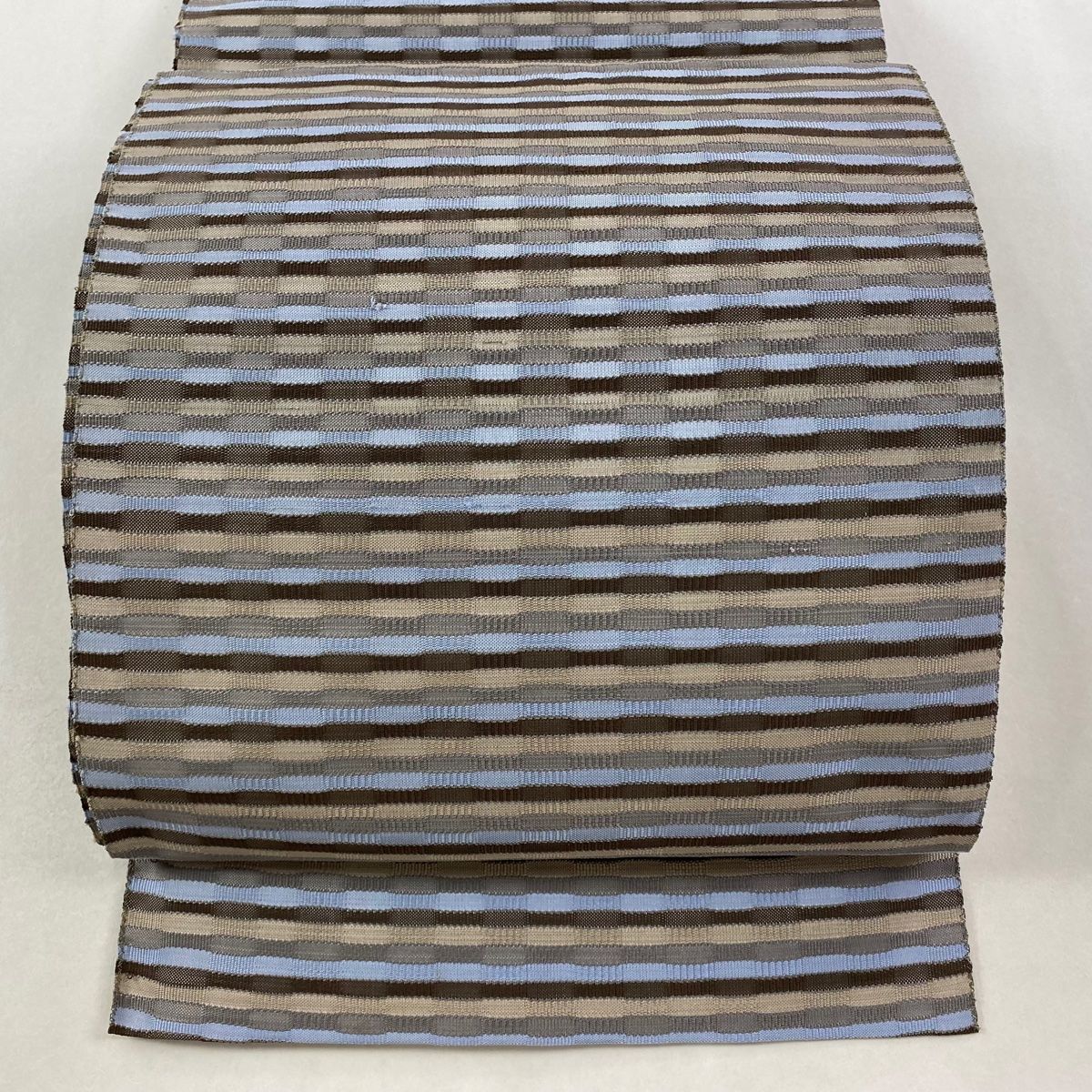 名古屋帯 秀品 八寸名古屋帯 松葉仕立て 縞 灰紫 正絹