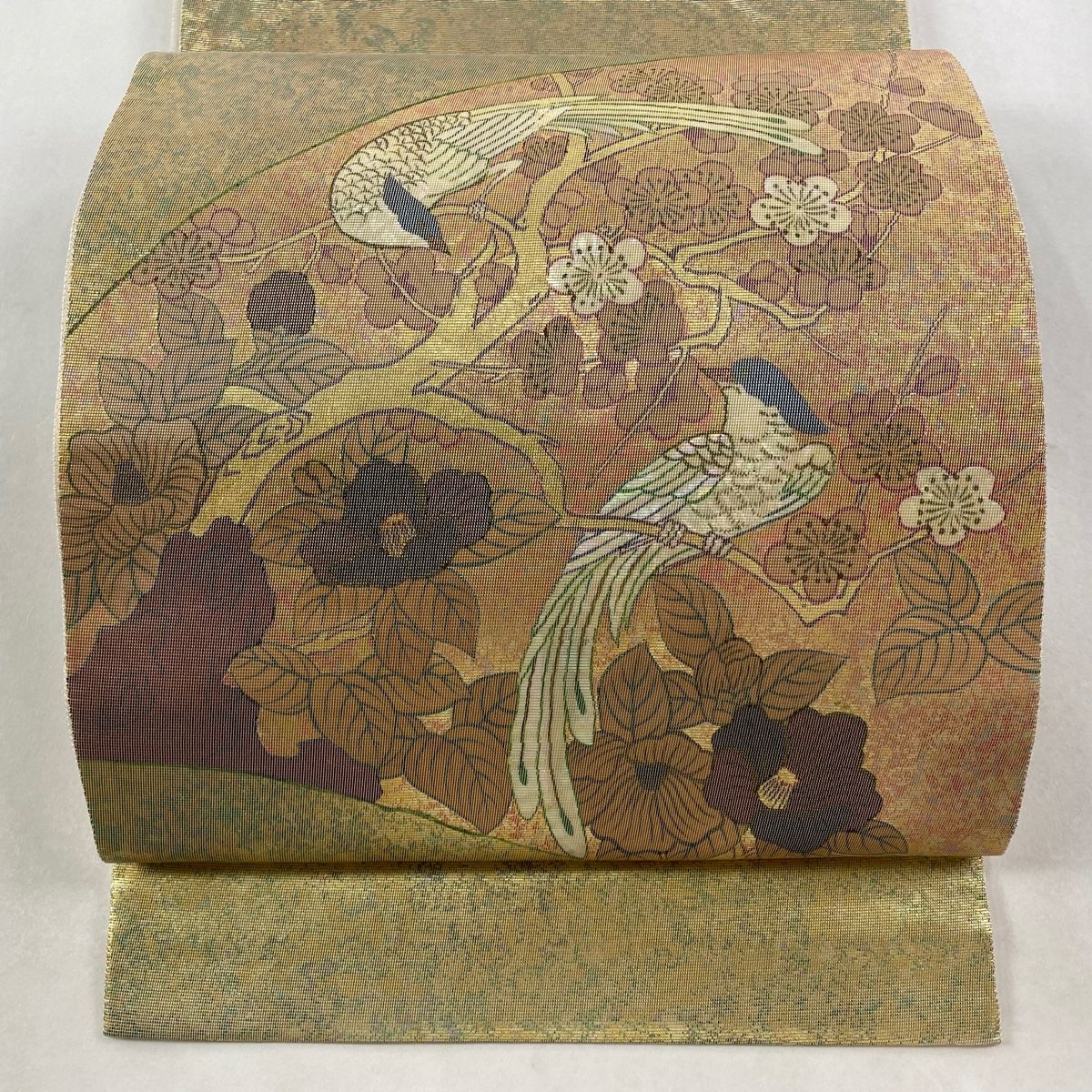 袋帯 秀品 枝花 鳥 箔 金色 お太鼓柄 正絹