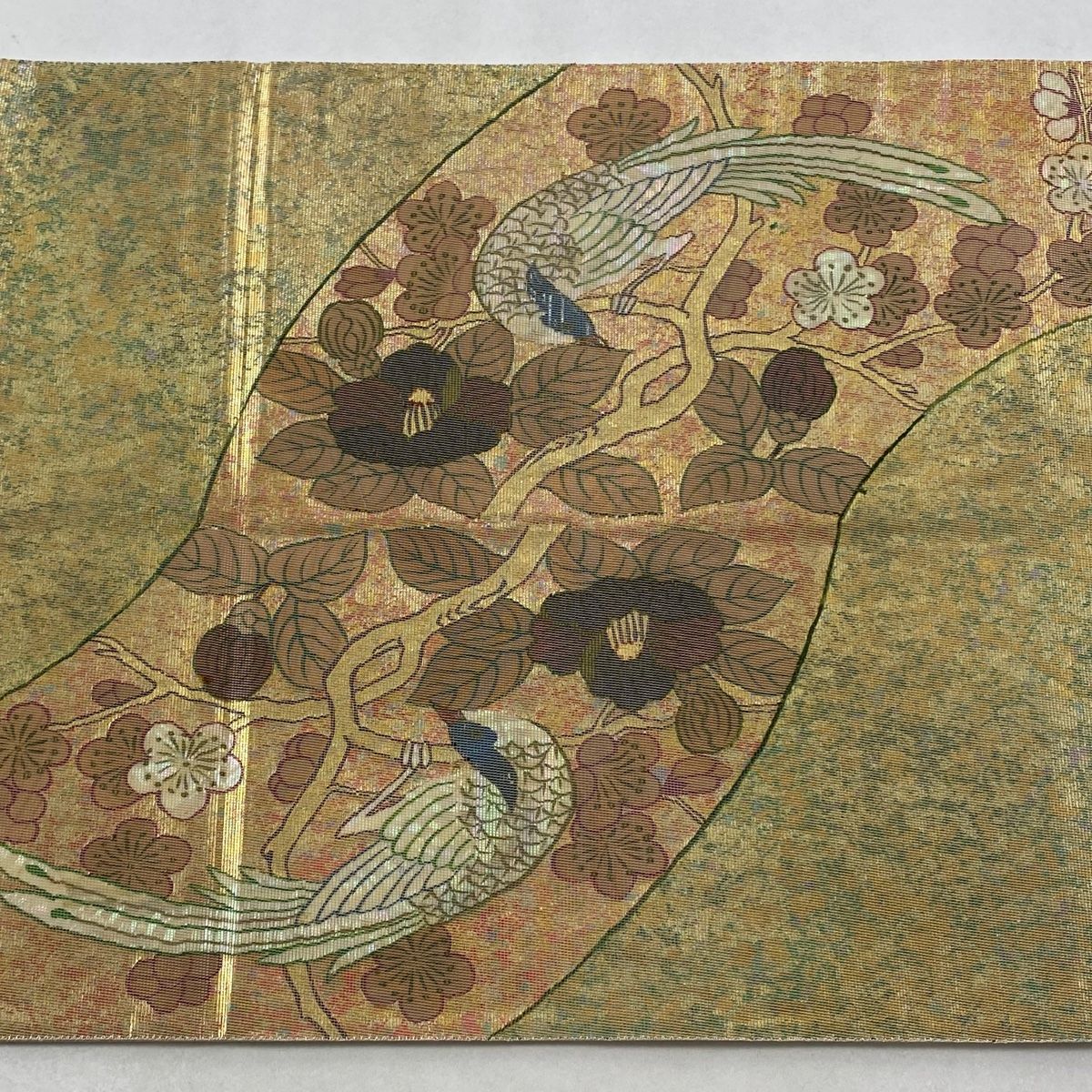  袋帯 秀品 枝花 鳥 箔 金色 お太鼓柄 正絹 袋帯 帯