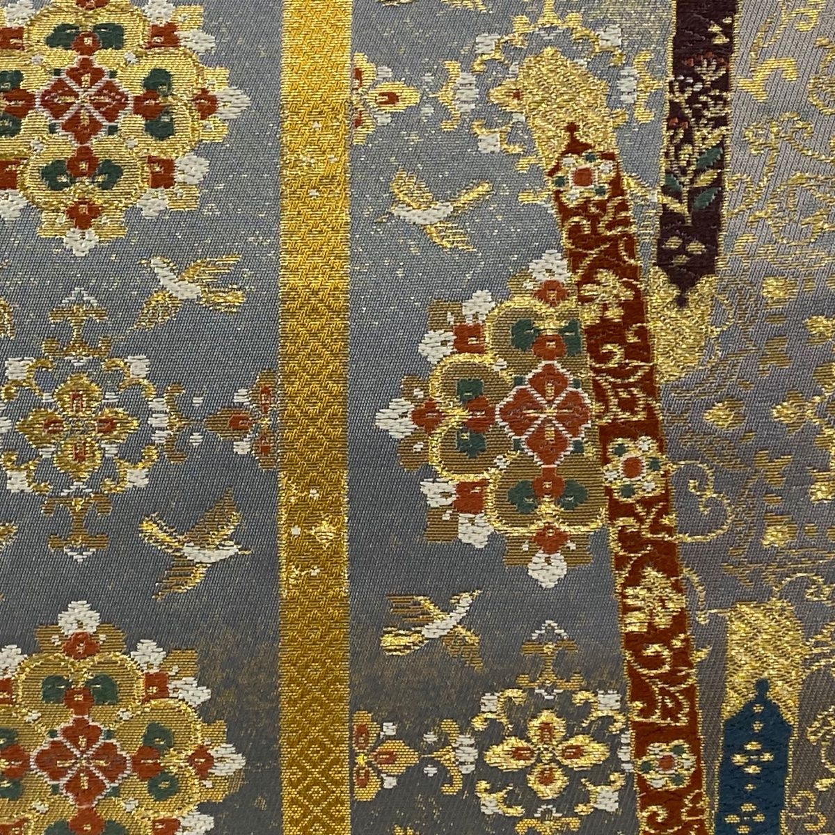 袋帯 秀品 まいづる 落款 珠王荘刀子紋 鈴乃屋 華文 鳥 金糸 箔 灰色 六通 正絹