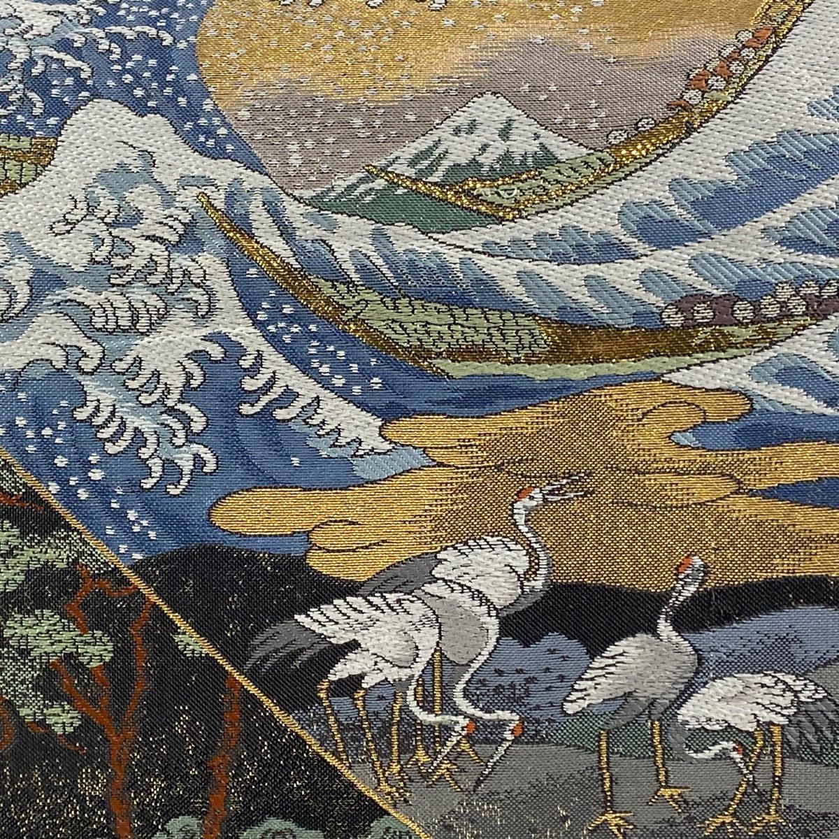 袋帯 秀品 富嶽三十六景 金糸 箔 黒 お太鼓柄 正絹