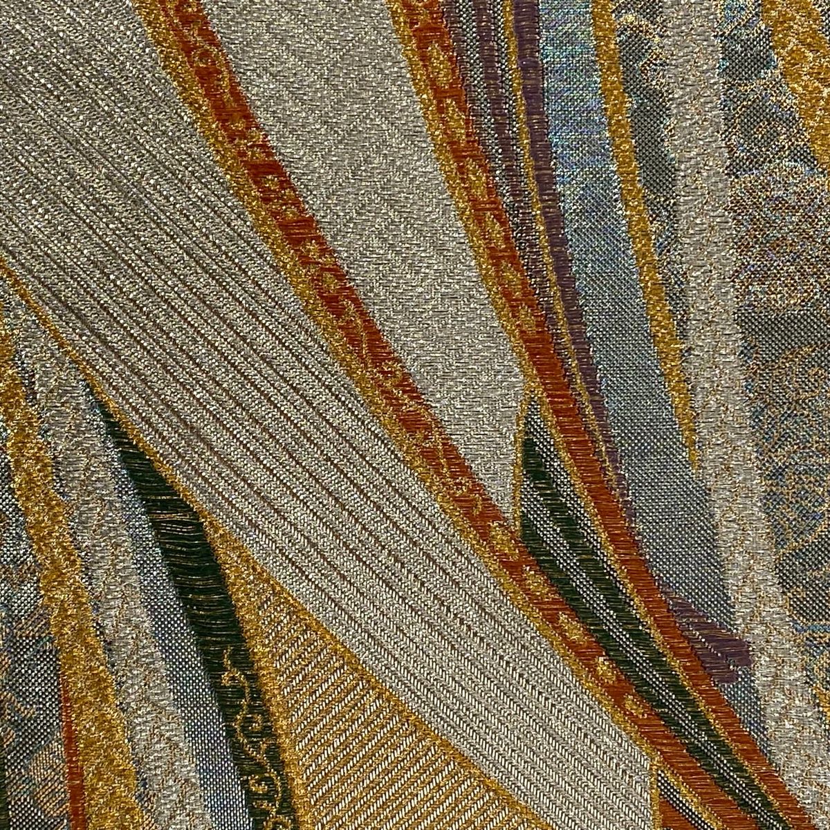 袋帯 秀品 幾何学 金銀糸 箔 銀色 六通 正絹