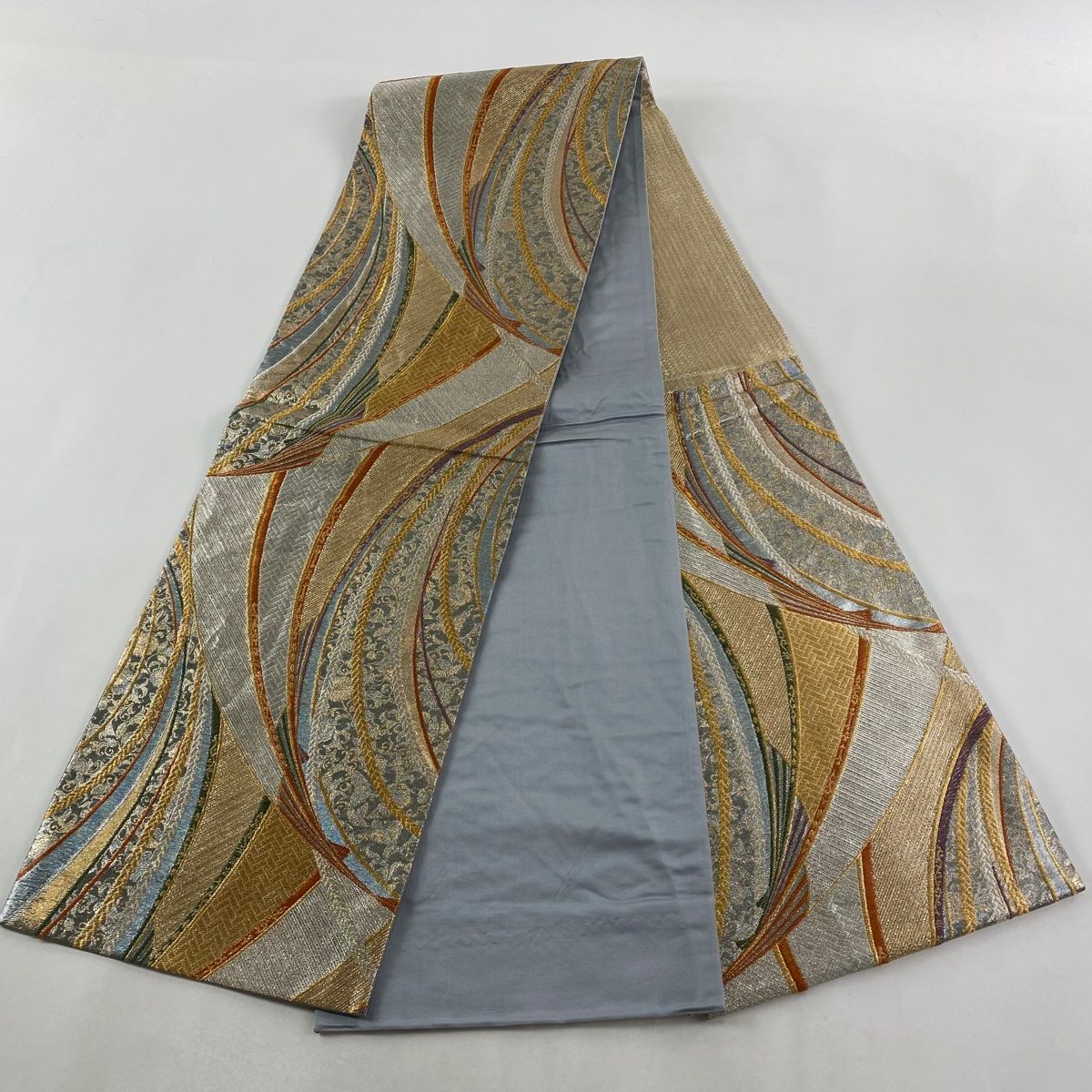  袋帯 秀品 幾何学 金銀糸 箔 銀色 六通 正絹 袋帯 帯