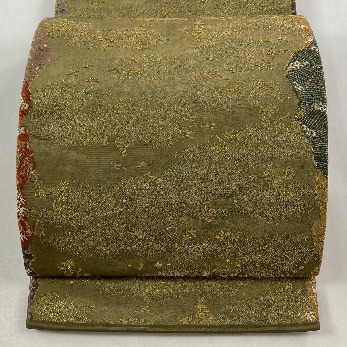 袋帯 秀品 河村織物 落款 草花 波 金糸 茶緑色 六通 正絹