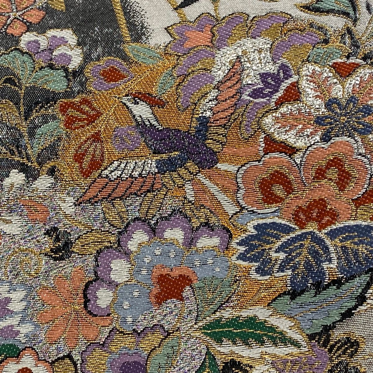 袋帯 秀品 華ごよみ 唐華花鳥文 蝶 金銀糸 箔 銀色 六通 正絹