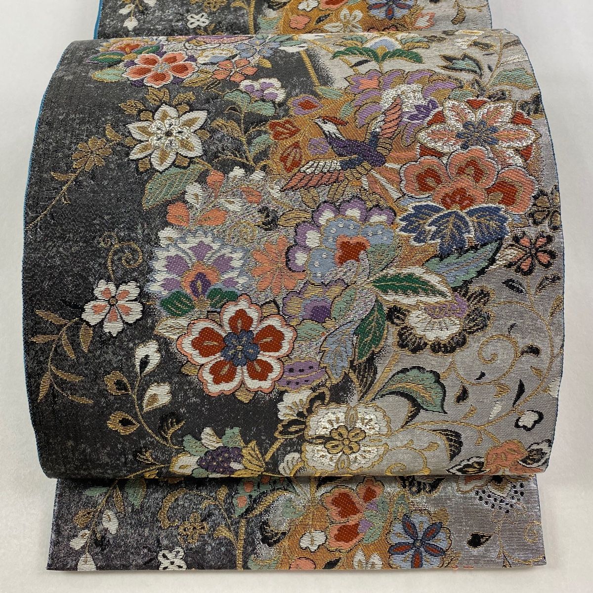 袋帯 秀品 華ごよみ 唐華花鳥文 蝶 金銀糸 箔 銀色 六通 正絹