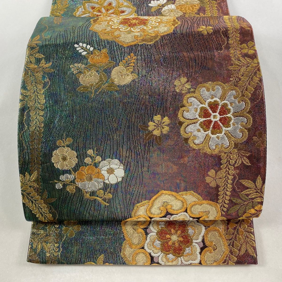 袋帯 秀品 華文 草花 箔 金銀糸 紫 六通 正絹