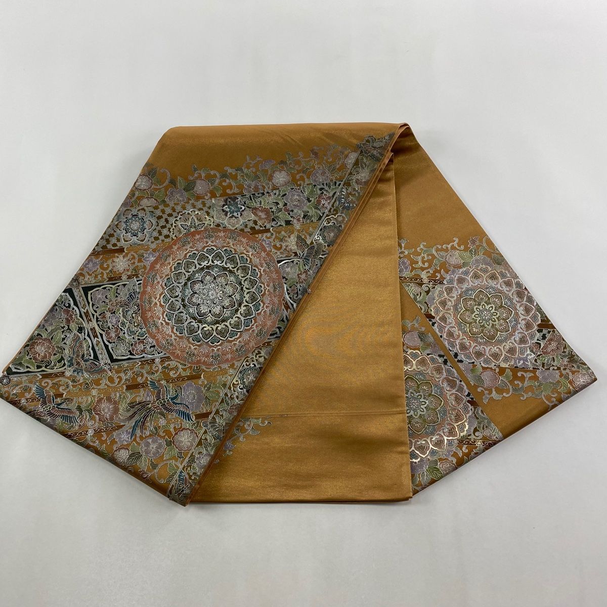  袋帯 秀品 華文 花鳥 金銀彩 茶色 お太鼓柄 正絹 袋帯 帯