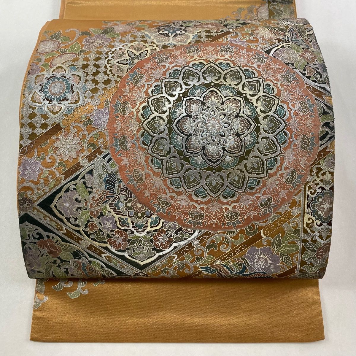 袋帯 秀品 華文 花鳥 金銀彩 茶色 お太鼓柄 正絹