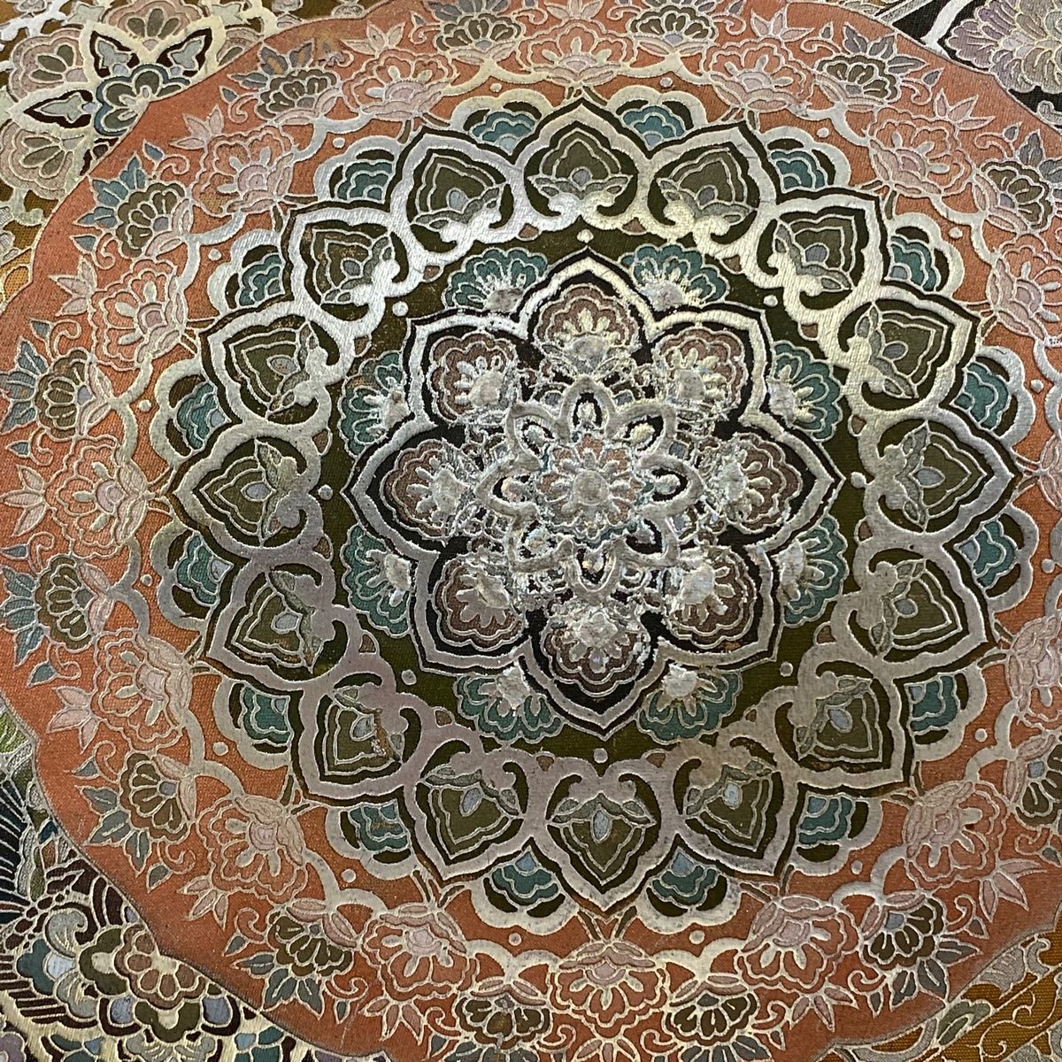 袋帯 秀品 華文 花鳥 金銀彩 茶色 お太鼓柄 正絹