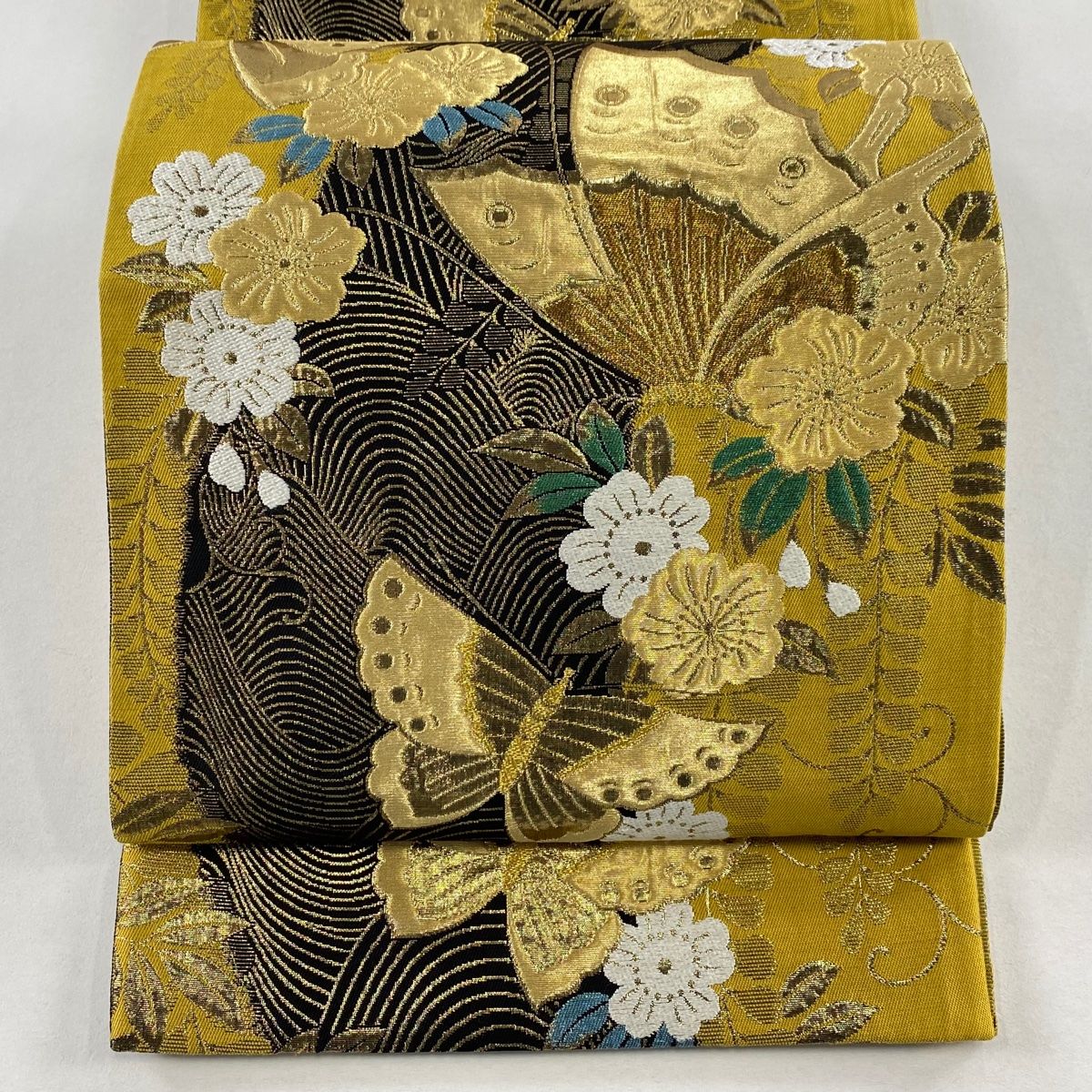 袋帯 秀品 蝶 草花 金銀糸 刺繍 からし色 六通 正絹