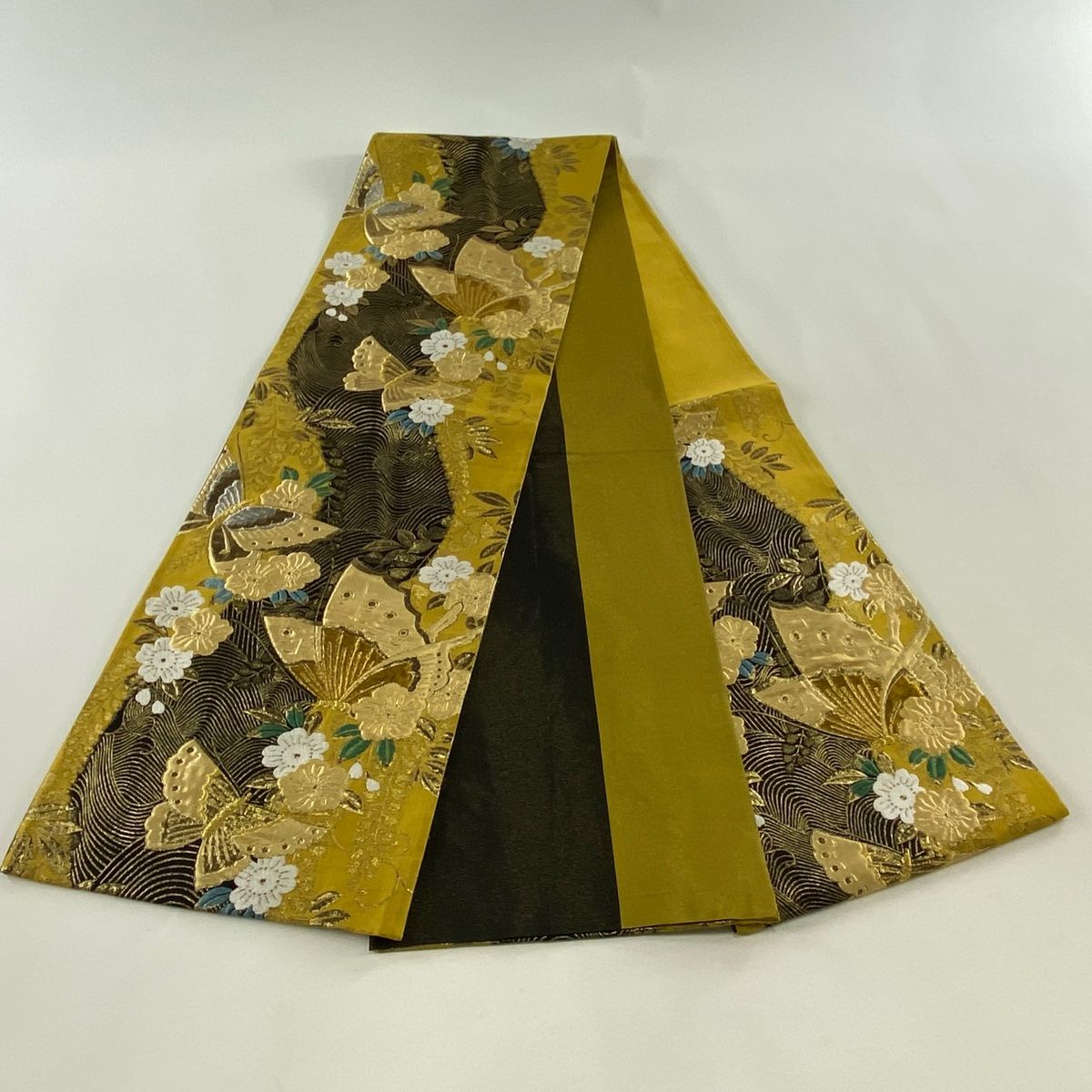  袋帯 秀品 蝶 草花 金銀糸 刺繍 からし色 六通 正絹 袋帯 帯