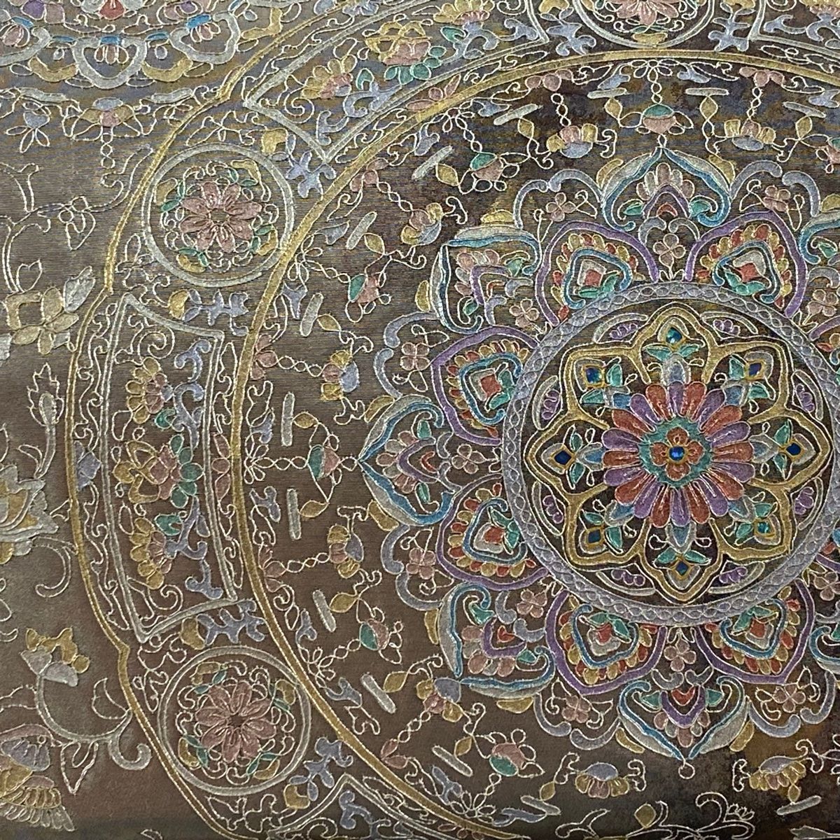 袋帯 秀品 華文 花鳥 螺鈿 金銀彩 茶紫 お太鼓柄 正絹