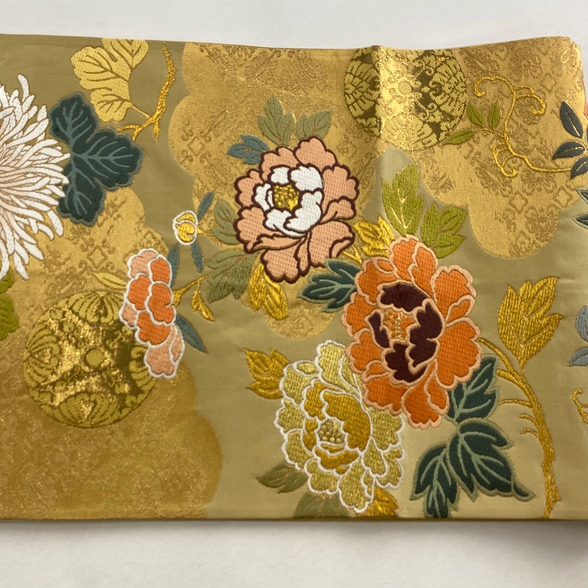  袋帯 秀品 草花 雲文 刺繍 金糸 ベージュ 全通 正絹 袋帯 帯