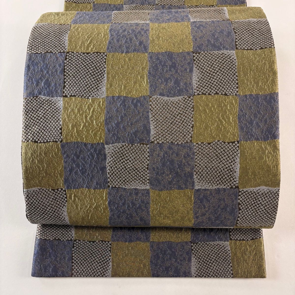袋帯 秀品 泥染 市松 疋田 金糸 鶯色 六通 正絹