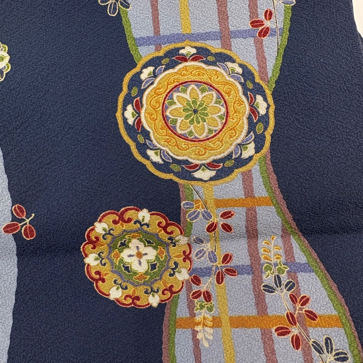 開き名古屋帯 秀品 華文 萩 縮緬 紺色 正絹