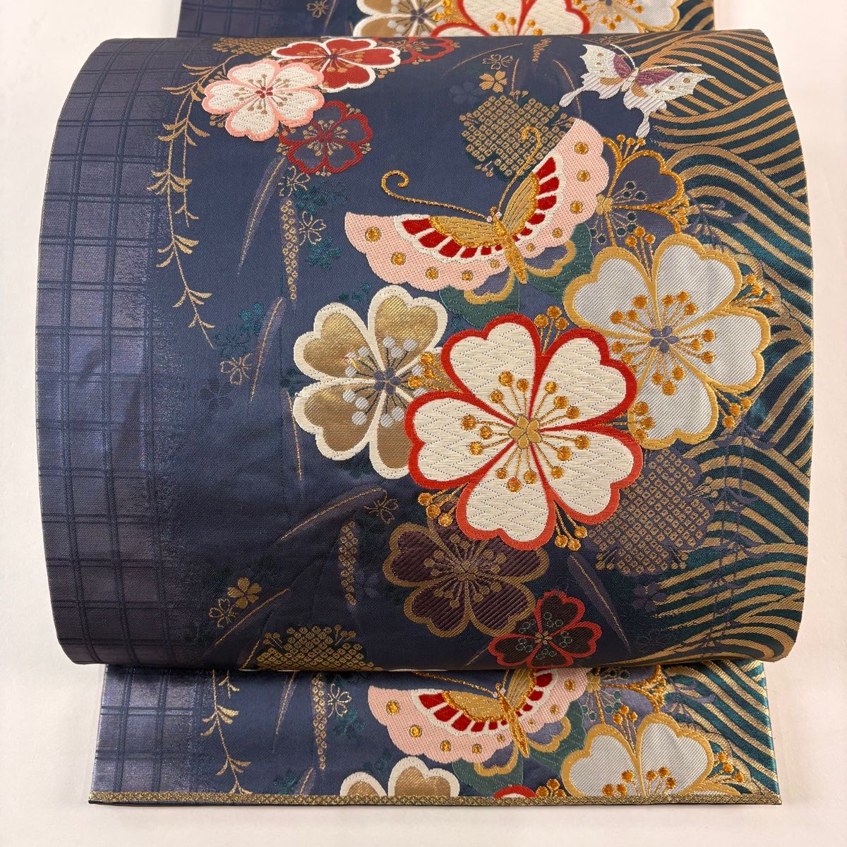 袋帯 秀品 桜 蝶 唐織 金糸 青紫 全通 正絹