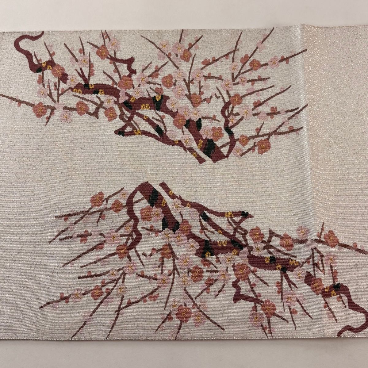  袋帯 秀品 枝梅 観世水 金銀糸 クリーム お太鼓柄 正絹 袋帯 帯