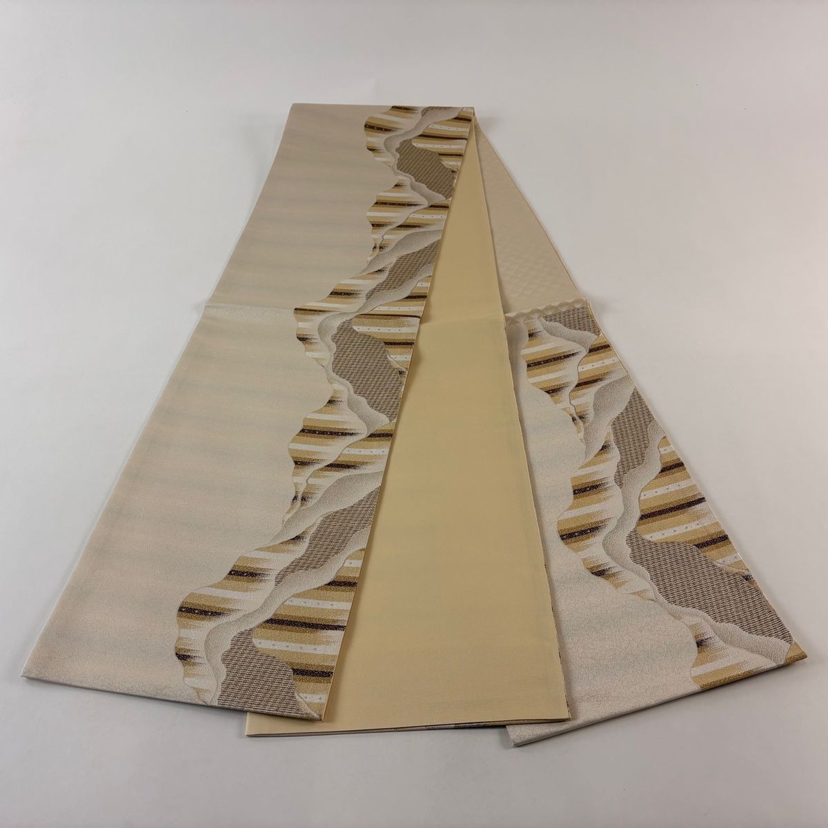  袋帯 縞 幾何学 金糸 ベージュ 六通 正絹 袋帯 帯