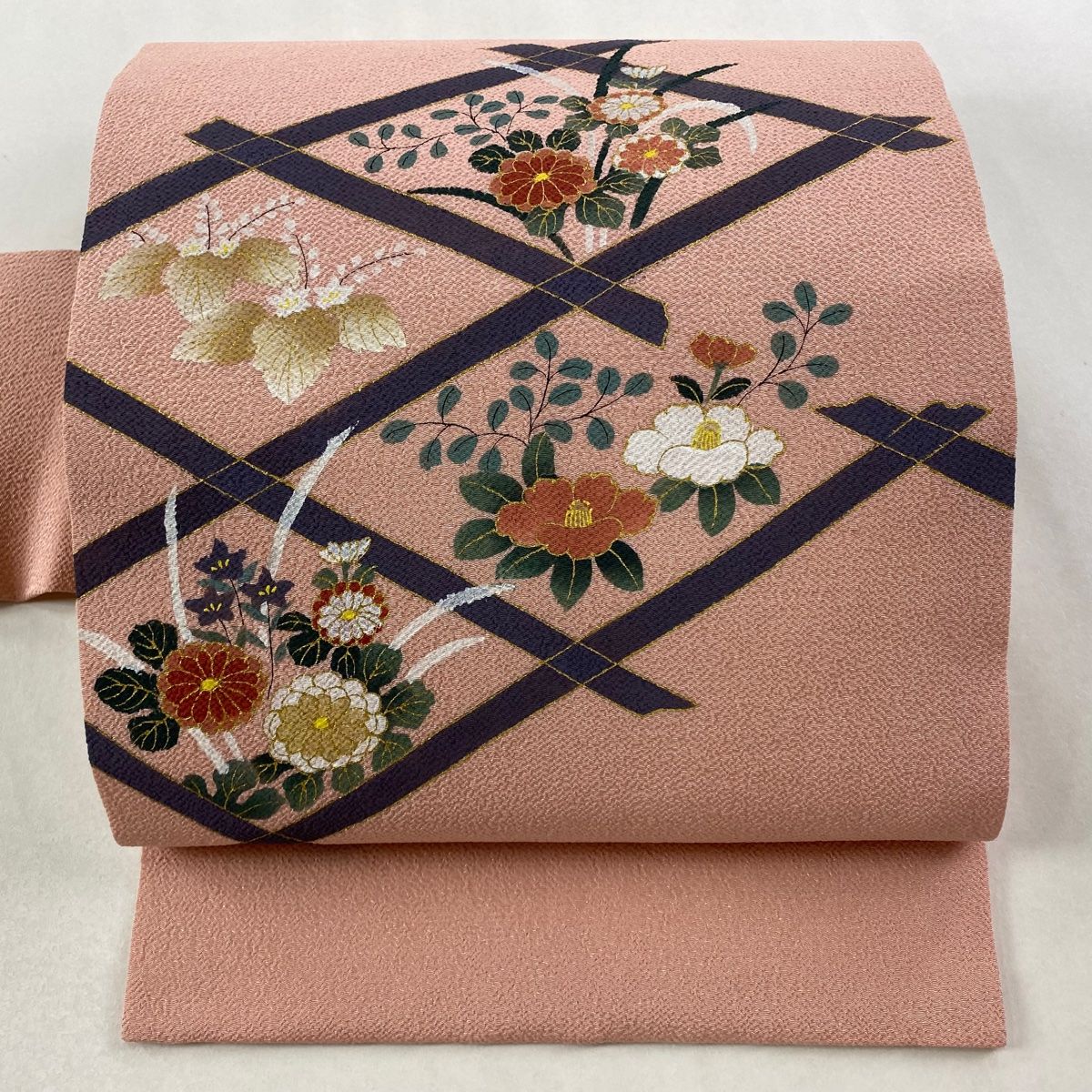 名古屋帯 秀品 菱 草花 金彩 ピンク 正絹