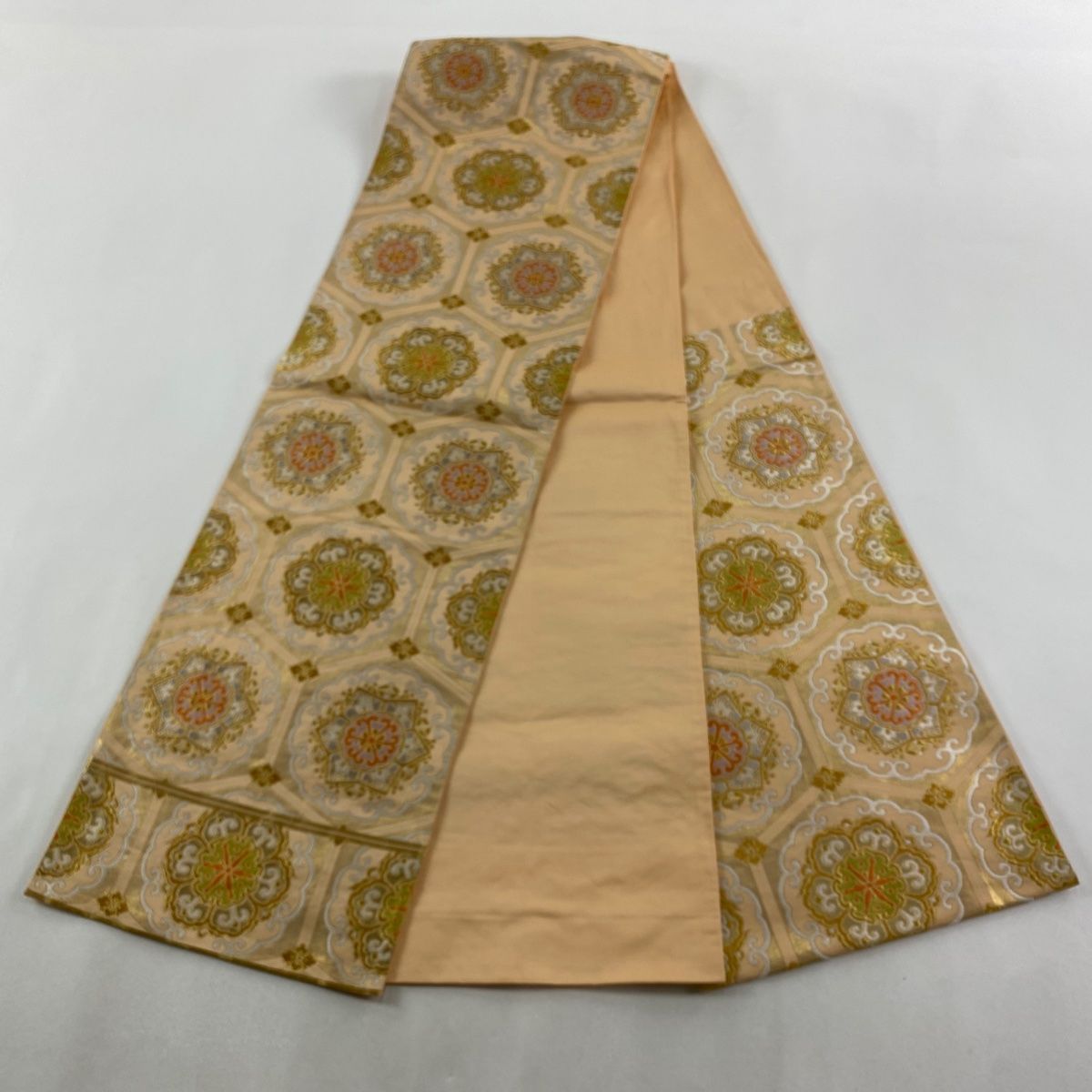  袋帯 秀品 落款 関西仕立て 本家加納 亀甲 華文 金銀糸 箔 薄オレンジ 六通 正絹 袋帯 帯