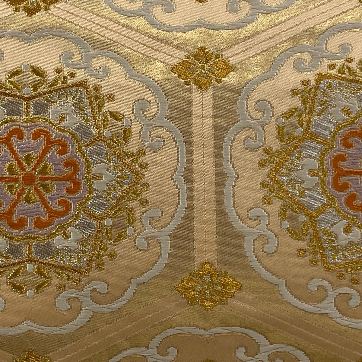 袋帯 秀品 落款 関西仕立て 本家加納 亀甲 華文 金銀糸 箔 薄オレンジ 六通 正絹