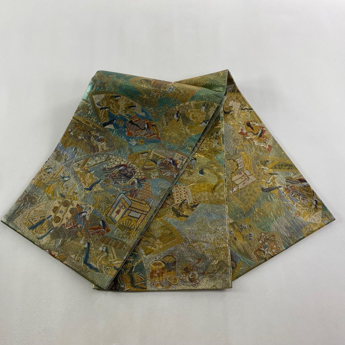  袋帯 秀品 扇面 人物 金糸 箔 金色 お太鼓柄 正絹 袋帯 帯