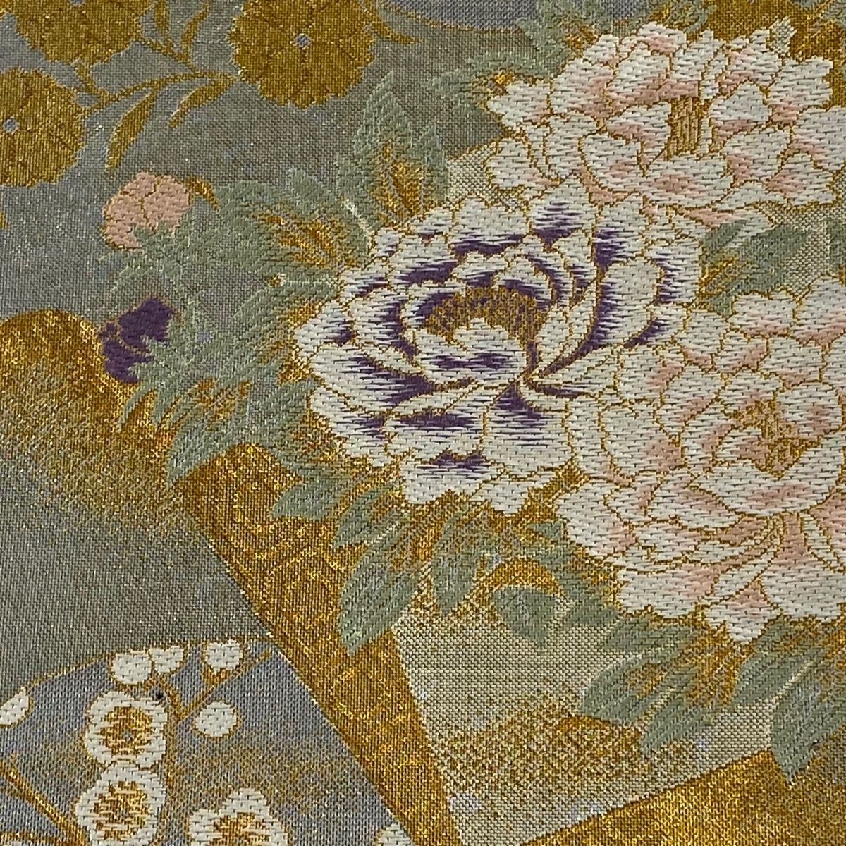 袋帯 秀品 色紙 草花 金糸 箔 銀色 六通 正絹