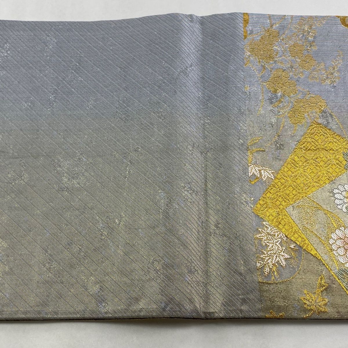  袋帯 秀品 色紙 草花 金糸 箔 銀色 六通 正絹 袋帯 帯