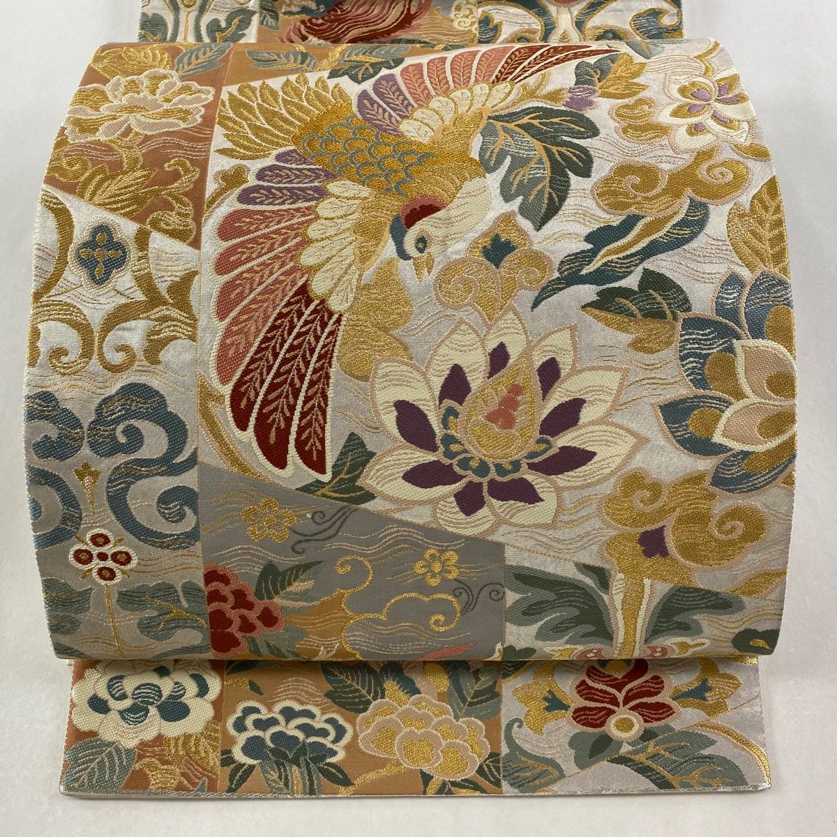 袋帯 秀品 鳥 草花 金糸 箔 銀色 六通 正絹