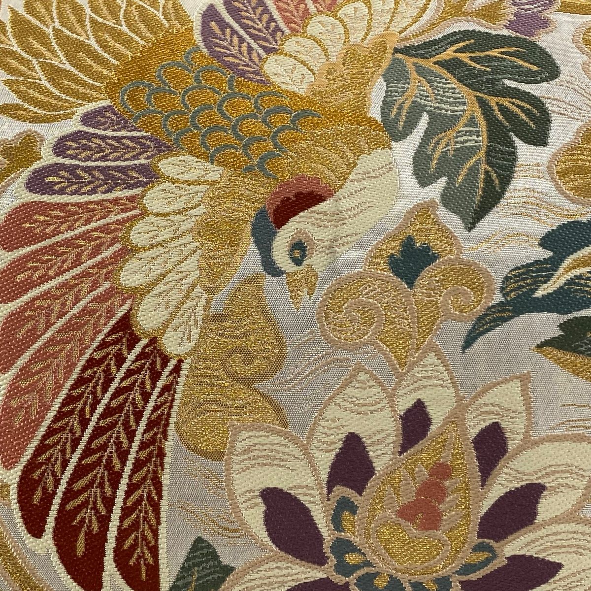 袋帯 秀品 鳥 草花 金糸 箔 銀色 六通 正絹