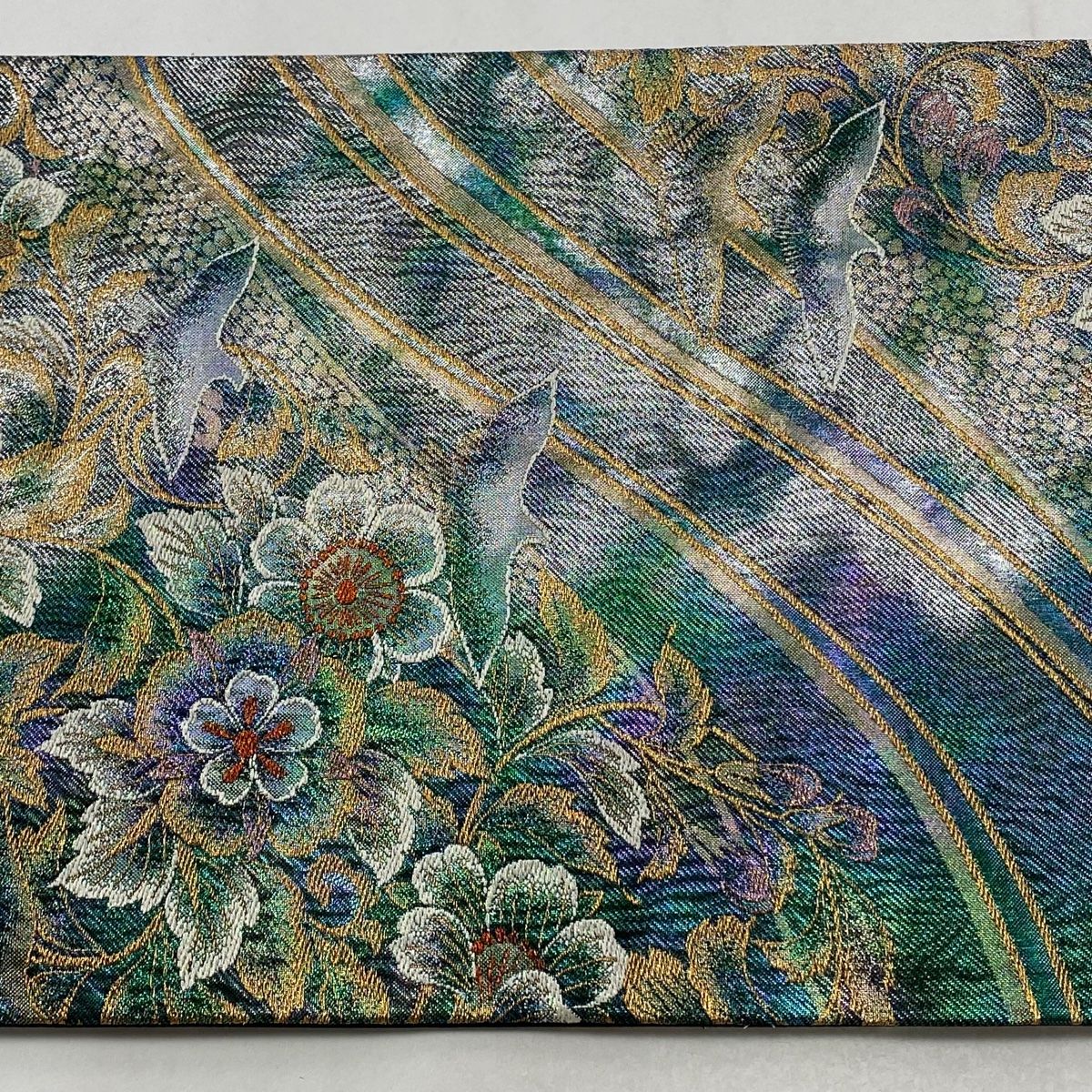  袋帯 秀品 振袖向き 草花 鳥 金糸 箔 緑 六通 正絹 袋帯 帯