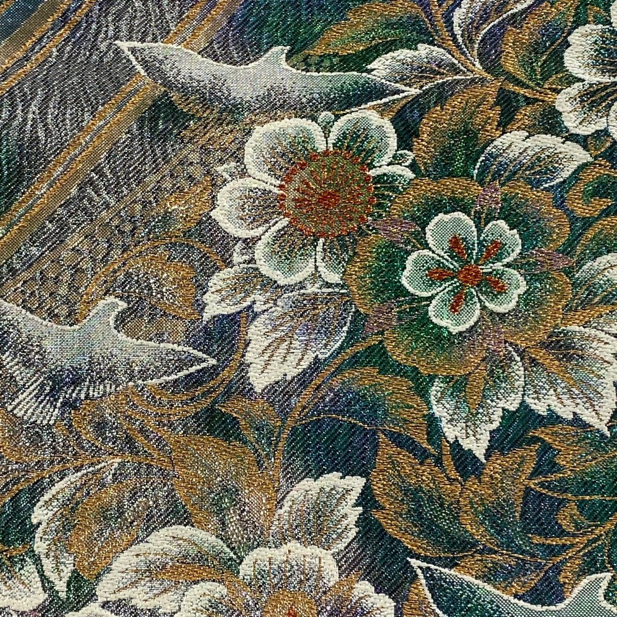 袋帯 秀品 振袖向き 草花 鳥 金糸 箔 緑 六通 正絹