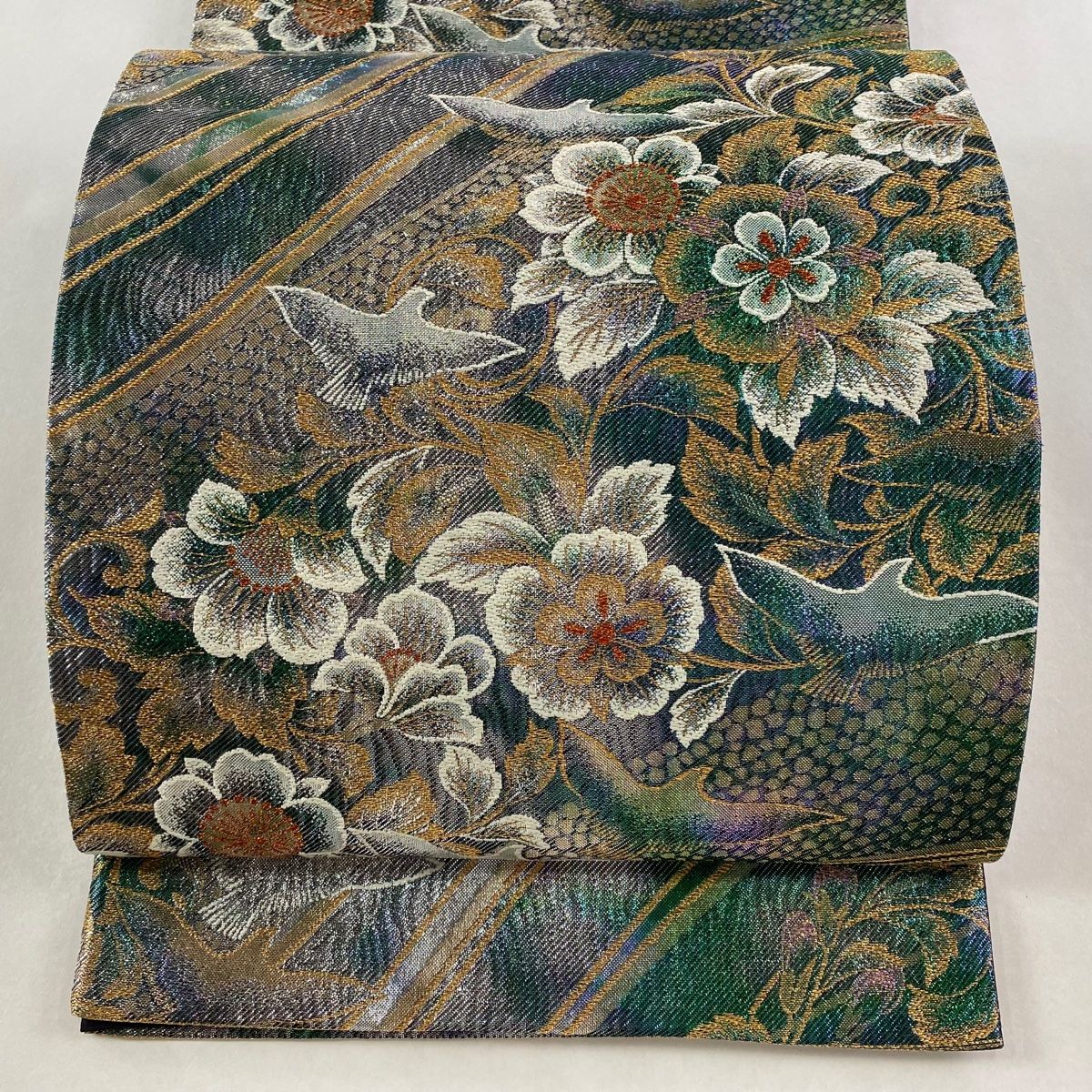 袋帯 秀品 振袖向き 草花 鳥 金糸 箔 緑 六通 正絹