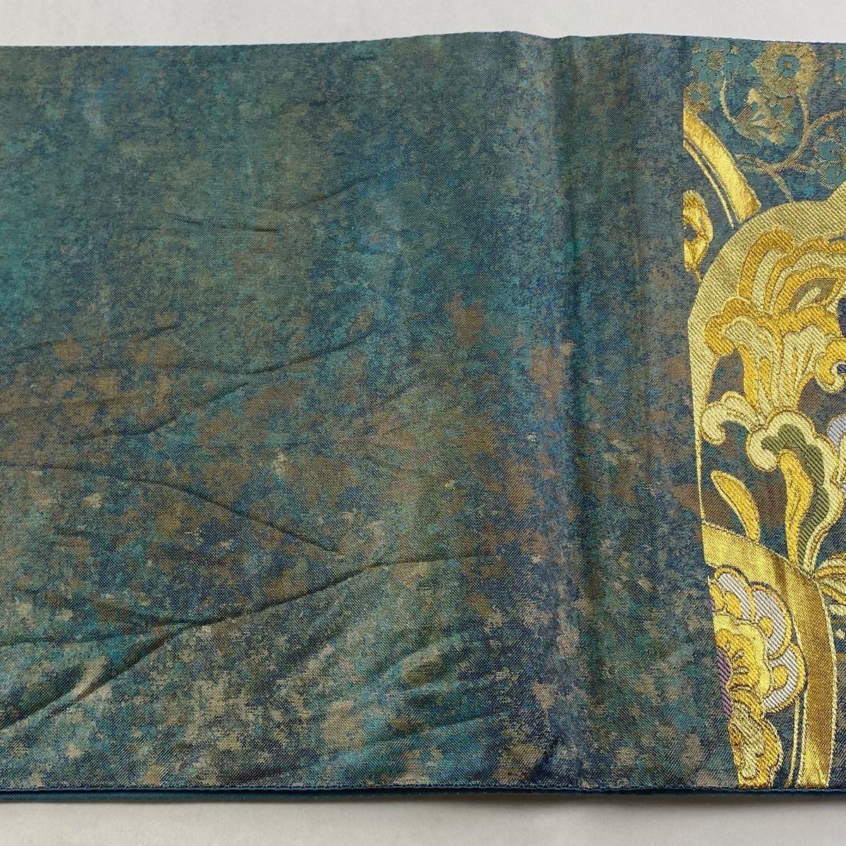  袋帯 秀品 更紗 向かい鳥 金糸 箔 青灰色 六通 正絹 袋帯 帯