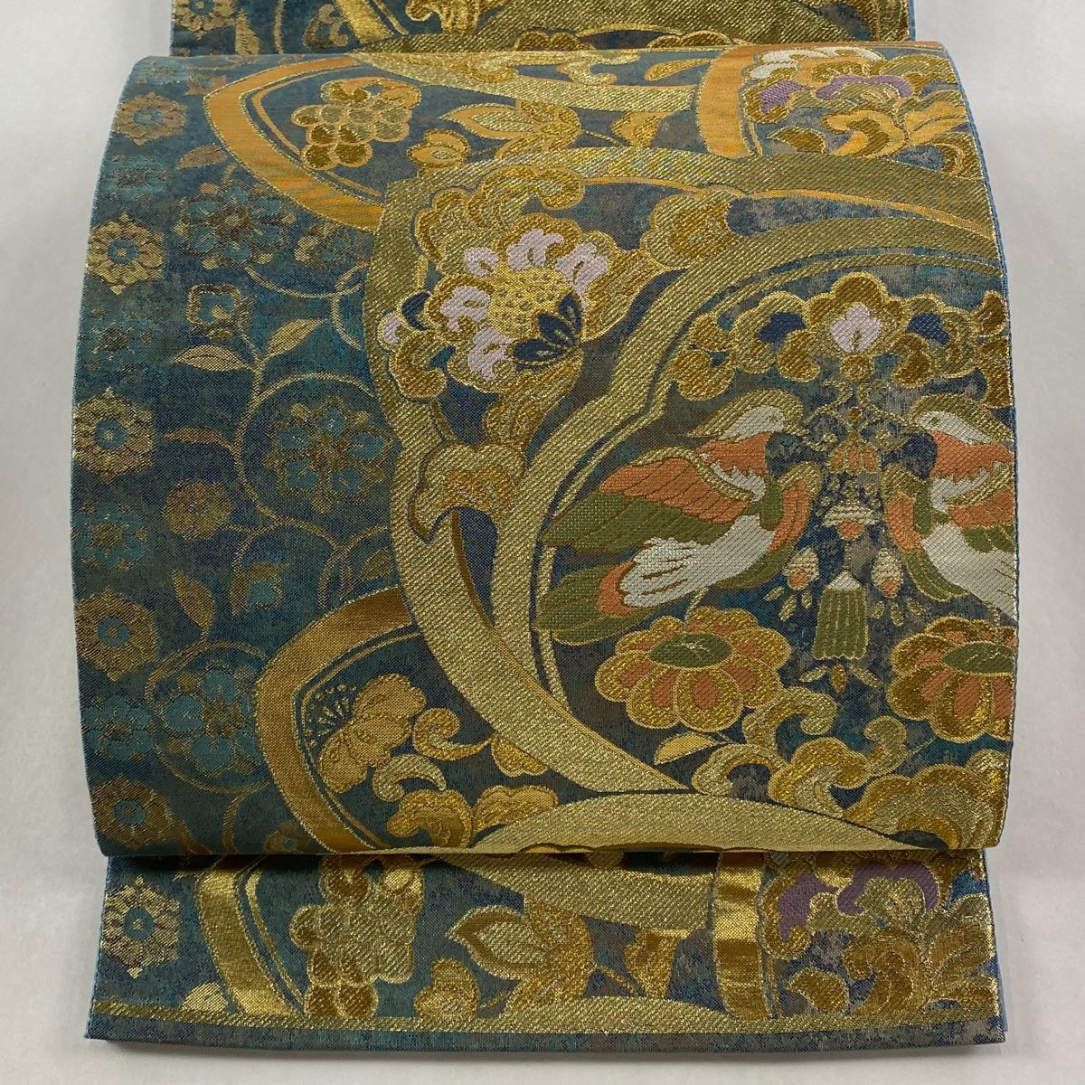 袋帯 秀品 更紗 向かい鳥 金糸 箔 青灰色 六通 正絹