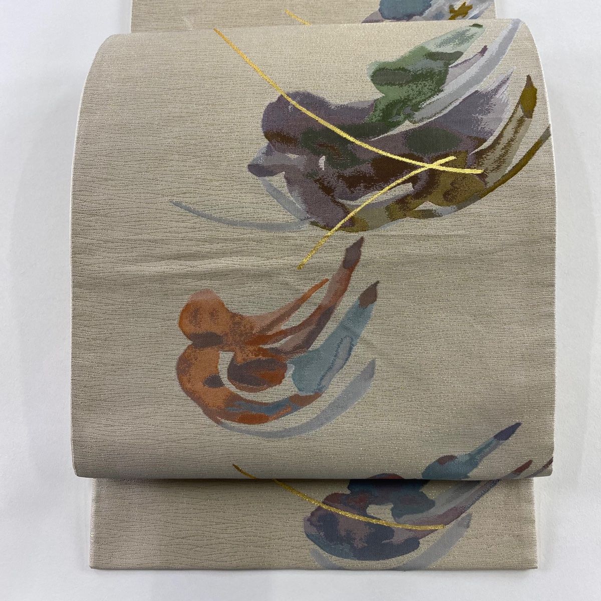 袋帯 秀品 幾何学模様 金糸 箔 灰白 六通 正絹