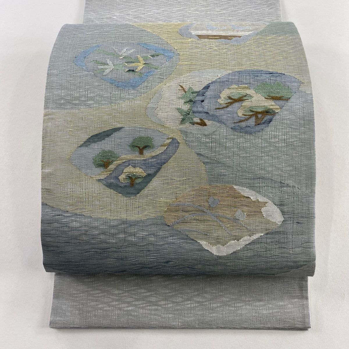 名古屋帯 秀品 夏帯 樹木 鳥 青灰色 お太鼓柄 正絹