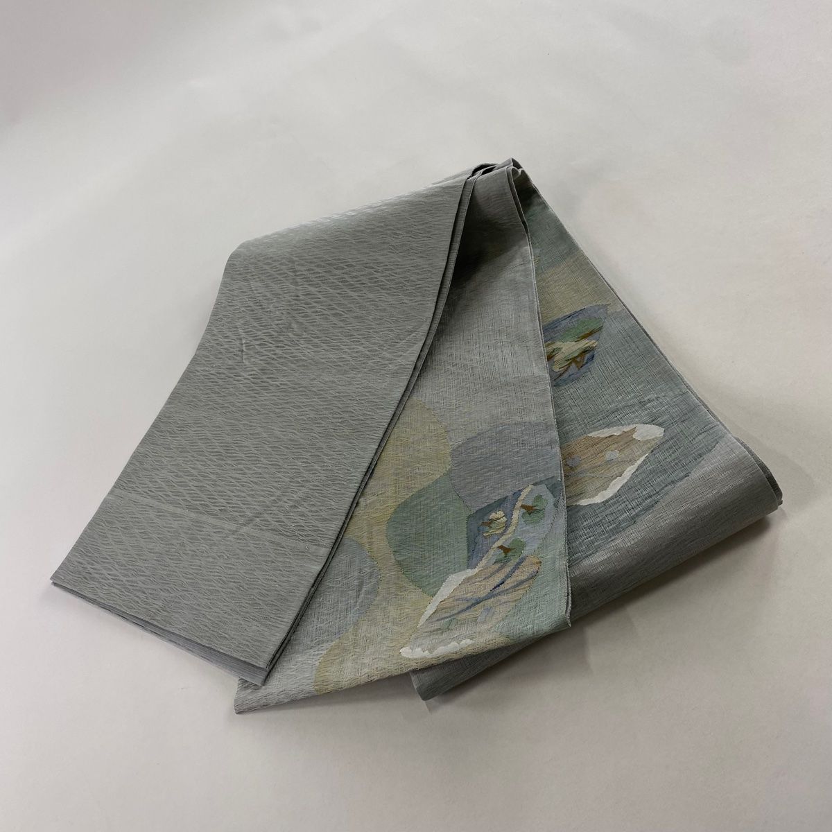  名古屋帯 秀品 夏帯 樹木 鳥 青灰色 お太鼓柄 正絹 名古屋帯 帯