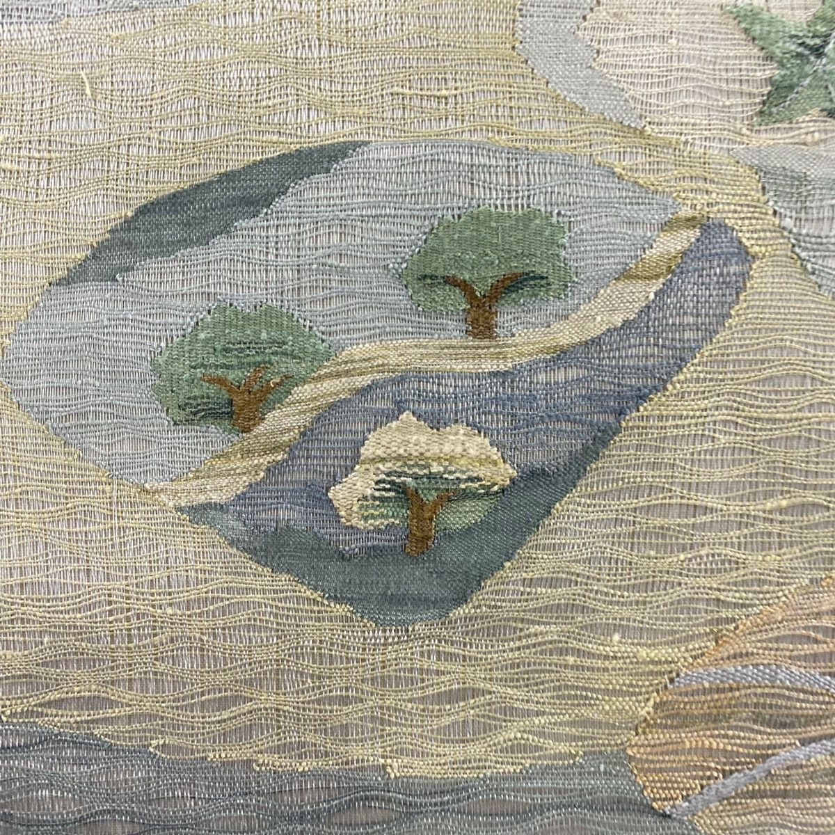 名古屋帯 秀品 夏帯 樹木 鳥 青灰色 お太鼓柄 正絹