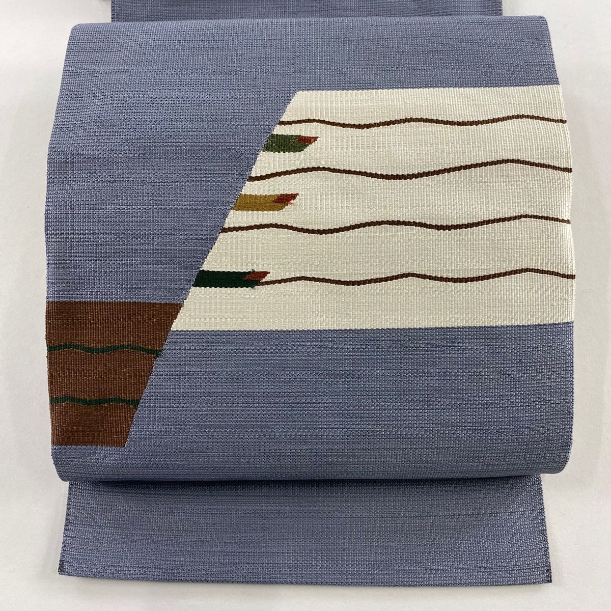 名古屋帯 秀品 松葉仕立て トンネル仕立て 幾何学模様 青灰色 正絹