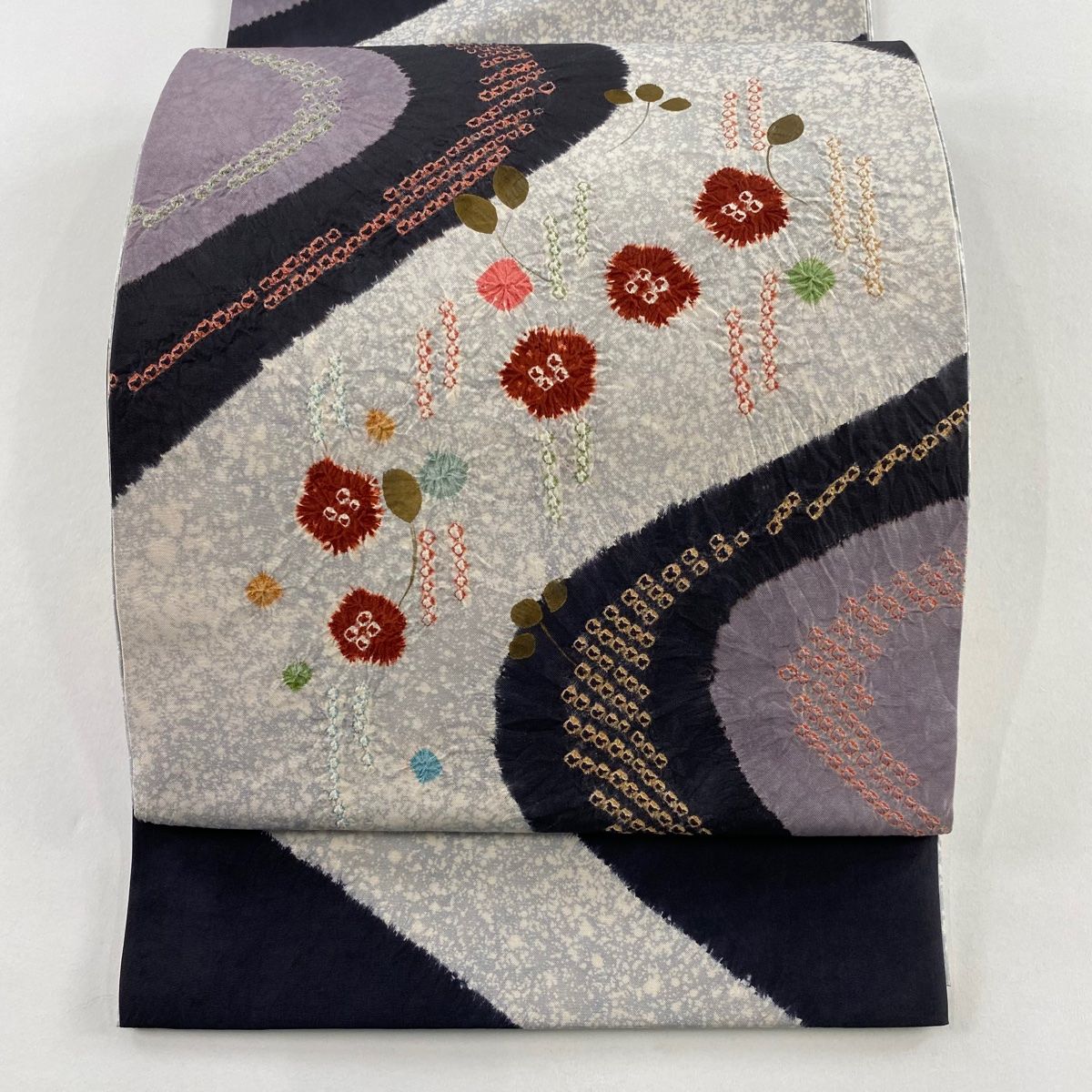 袋帯 秀品 紬地 草花 絞り 青灰色 お太鼓柄 正絹