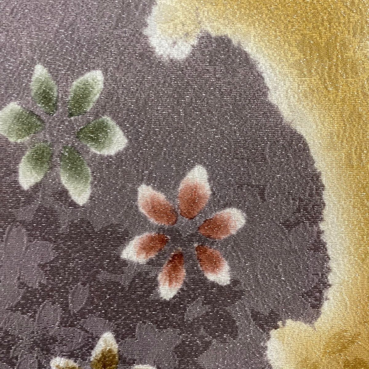 袋帯 秀品 雪輪 花 銀通し ぼかし 黄土色 お太鼓柄 正絹