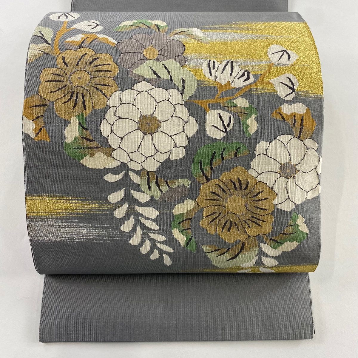 名古屋帯 秀品 八寸名古屋帯 草花 霞 金銀糸 灰色 正絹