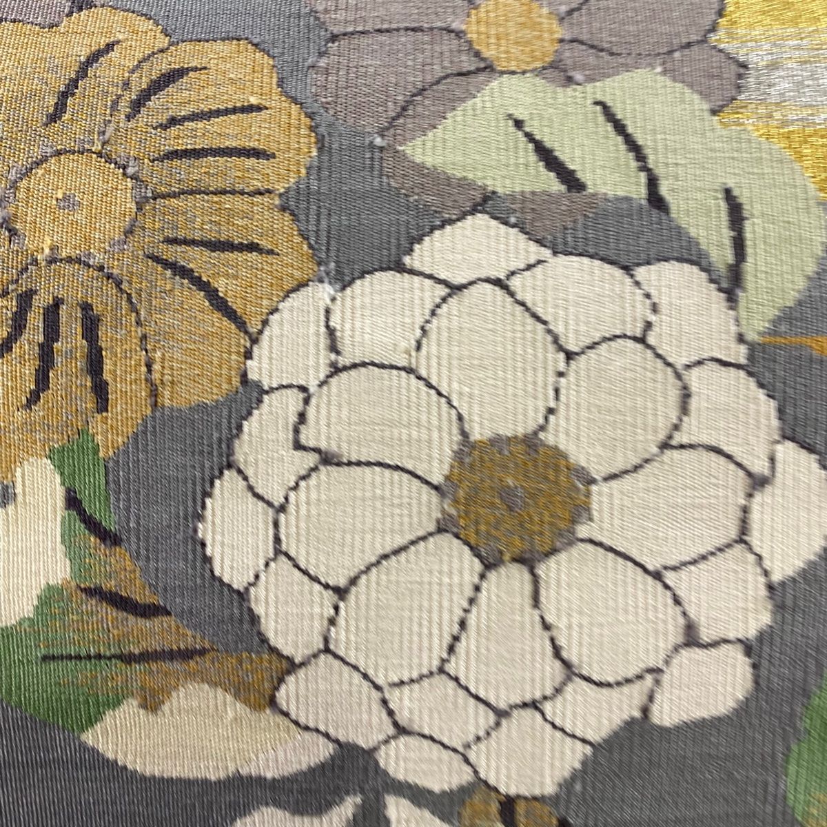 名古屋帯 秀品 八寸名古屋帯 草花 霞 金銀糸 灰色 正絹