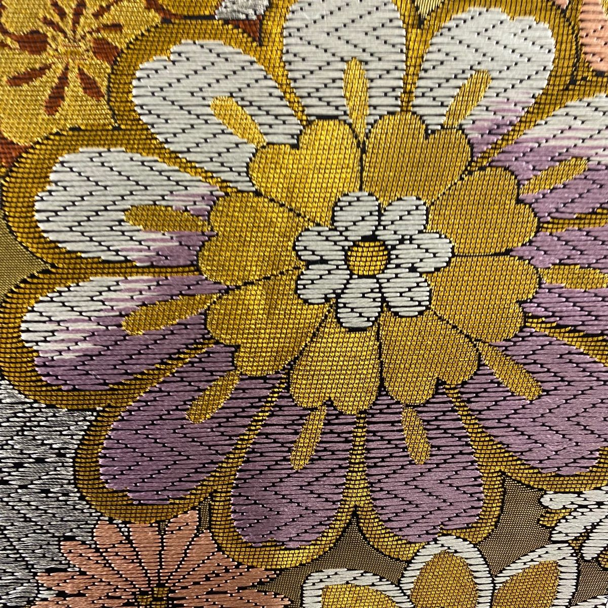 袋帯 秀品 花 雪輪 箔 金糸 黒 六通 正絹